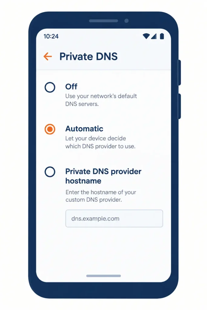 Generic phone settings screen showing Private DNS options Off Automatic and provider hostname