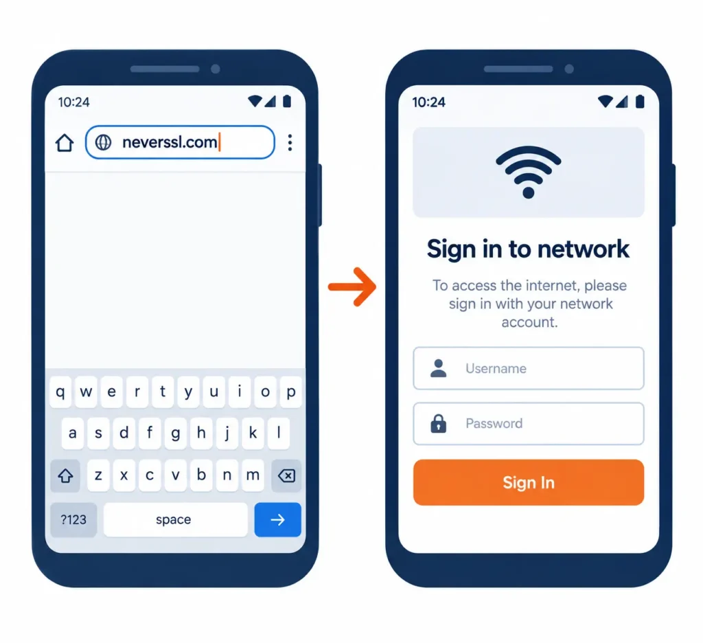 Phone browser showing neverssl.com and a public Wi-Fi sign in page