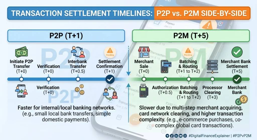 UPI transaction timeline comparing P2P T+1 and P2M T+5 resolution windows