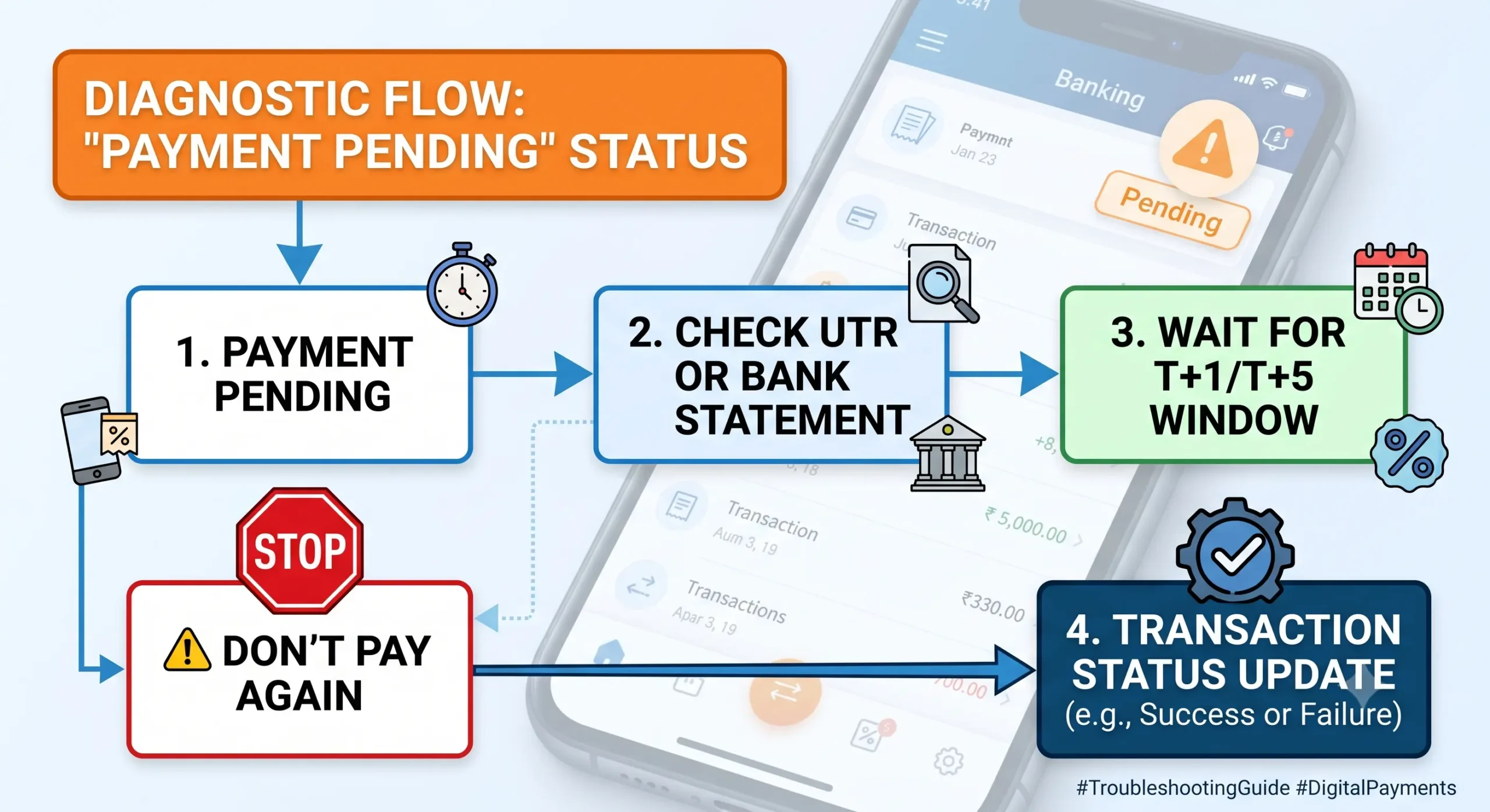 UPI payment pending diagnostic flow showing UTR check and T+1 or T+5 waiting period